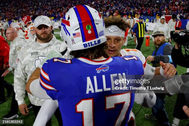 Josh Allen of the Buffalo Bills greets Patrick Mahomes of the Kansas City Chiefs after defeating the Kansas City Chiefs 30-21 at Highmark Stadium on...