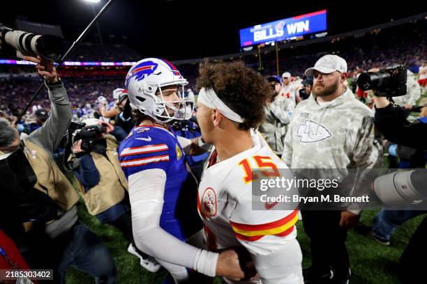 Josh Allen of the Buffalo Bills greets Patrick Mahomes of the Kansas City Chiefs after defeating the Kansas City Chiefs 30-21 at Highmark Stadium on...