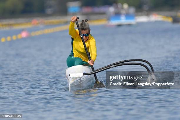 Mari Santilli of Brazil competing in heat 2 of the women's VL3 200 metres paracanoeing event during the Summer Paralympics at the Vaires-sur-Marne...