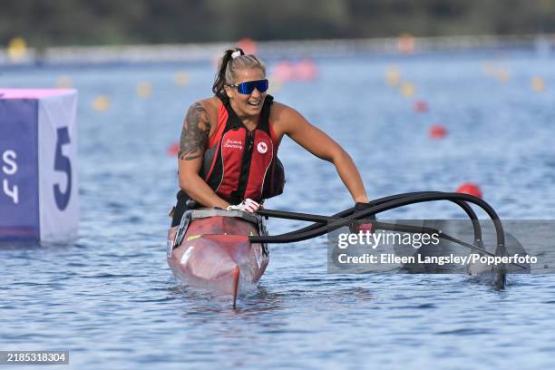 Brianna Hennessy of Canada competing in heat 2 of the women's VL2 200 metres paracanoeing event during the Summer Paralympics at the Vaires-sur-Marne...