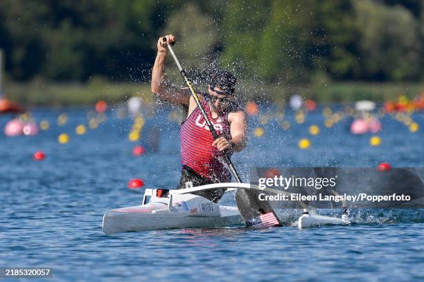 Blake Haxton of the United States competing in heat 2 of the men's VL2 200 metres paracanoeing event during the Summer Paralympics at the...