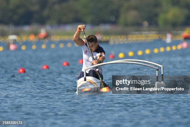 Adrian Mosquera of Spain competing in heat 2 of the men's VL3 200 metres paracanoeing event during the Summer Paralympics at the Vaires-sur-Marne...