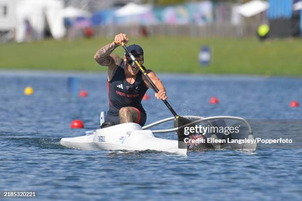 Jack Eyers of Great Britain competing in heat 1 of the men's VL3 200 metres paracanoeing event during the Summer Paralympics at the Vaires-sur-Marne...