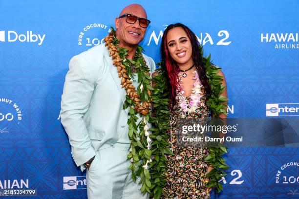 Dwayne Johnson and Simone Garcia Johnson attend the world premiere of 'Moana 2' at Lanikuhonua Cultural Institute on November 21, 2024 in Kapolei,...