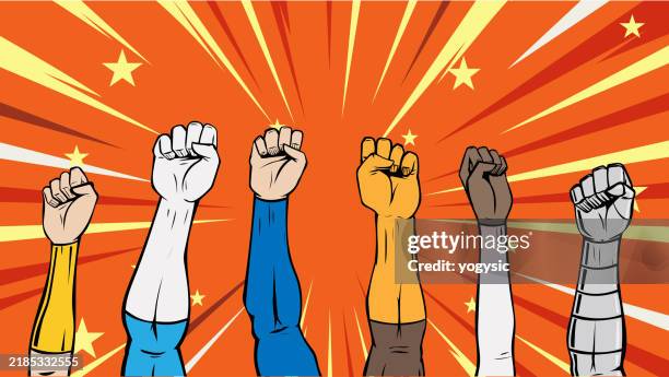 stockillustraties, clipart, cartoons en iconen met vector retro pop art superhero fists up in the air stock illustration - superheld