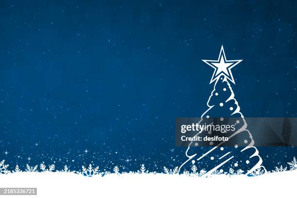 horizontal dark midnight navy blue xmas backgrounds of one creative white decorated christmas tree with a bright shining star tree topper at top, snow and snowflakes bottom edge border, glittering snowing smudged backdrop with copy space - christmas star sky stock illustrations