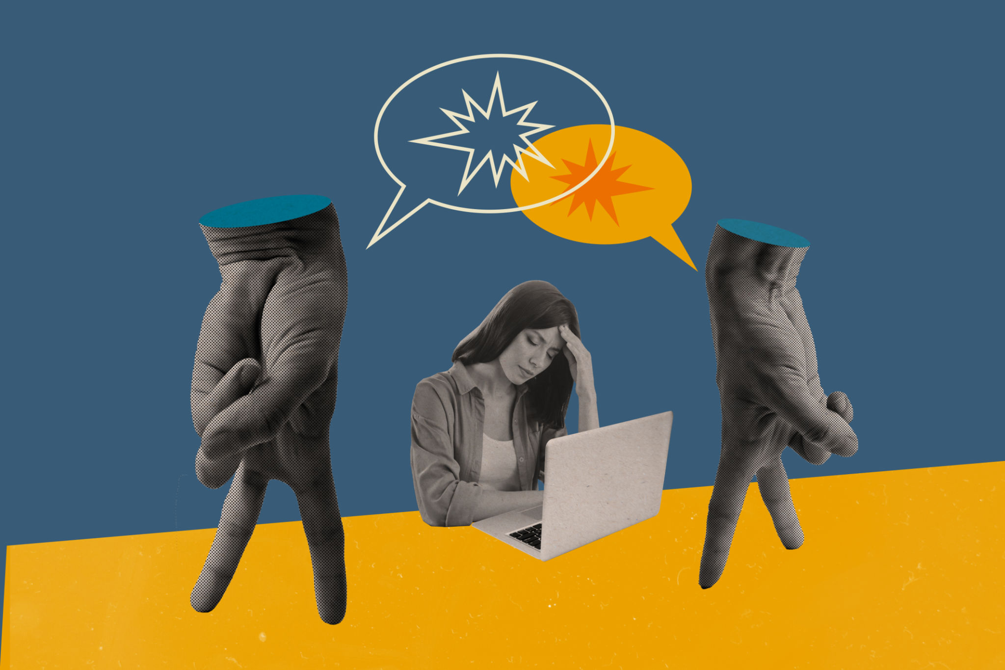 Collage photo of young ukrainian depressed woman working stressed bullying in foreigners colleagues isolated on blue yellow background Collage photo of young ukrainian depressed woman working stressed bullying in foreigners colleagues isolated on blue yellow background