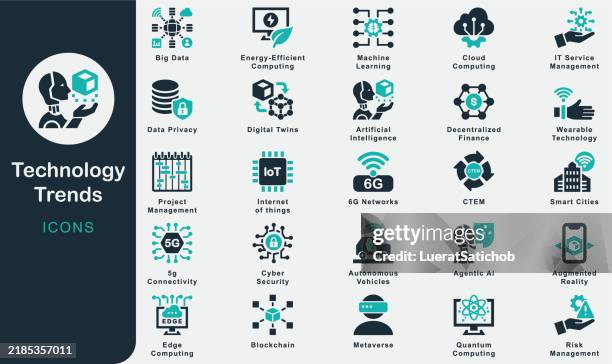 technology trends solid icons collection.containing big data, cloudcomputing, cyber security, artificial intelligence, metaverse, it service management, blockchain, lot, agentic al, digital twins - augmented reality stock illustrations