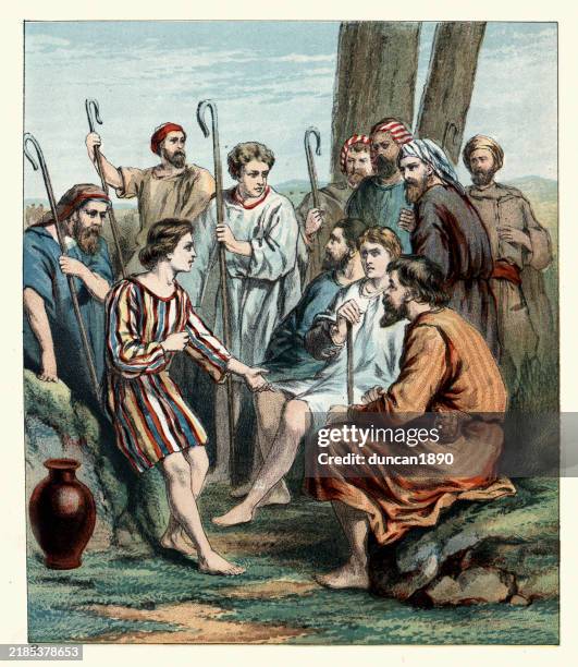 ilustraciones, imágenes clip art, dibujos animados e iconos de stock de la historia de josé, con su túnica de muchos colores, hablando con sus hermanos, ilustración religiosa bíblica, siglo xix victoriano - antiguo-testamento