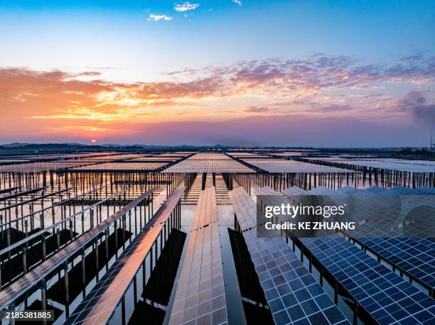 solar photovoltaic panels array aerial photography at sunset - energy stock pictures, royalty-free photos & images
