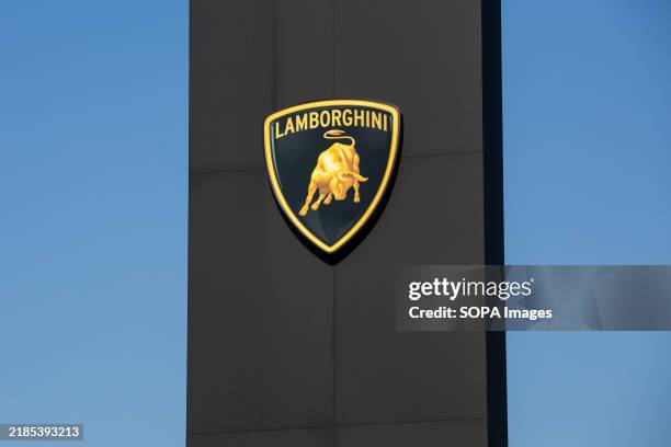 Lamborghini brand emblem with a raging bull on the hood of the Lamborghini Espada seen in the Lamborghini Museum in Sant'Agata Bolognese. Automobili...