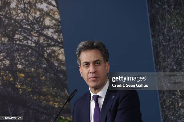 Ed Miliband, Secretary of State for Energy Security and Net Zero of the United Kingdom, speaks at the UK pavilion on day seven at the UNFCCC COP29...