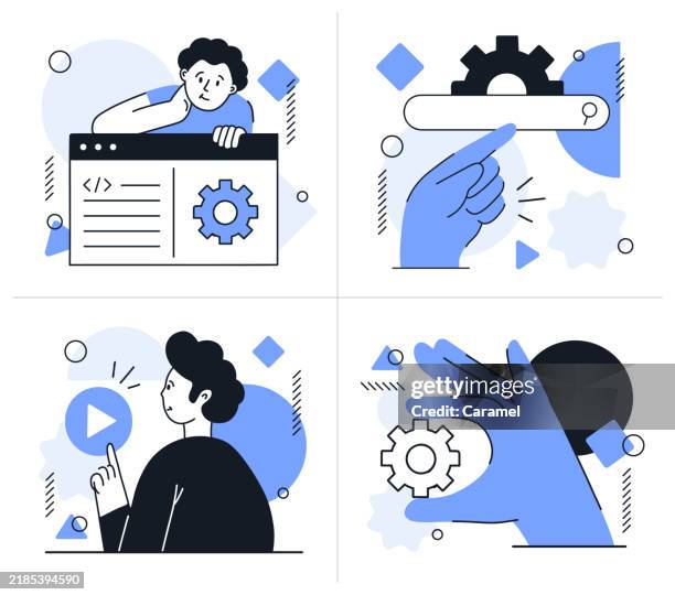 process optimization & development illustration set - content management system stock illustrations