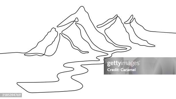 mountain scene continuous line icon - adventure stock illustrations