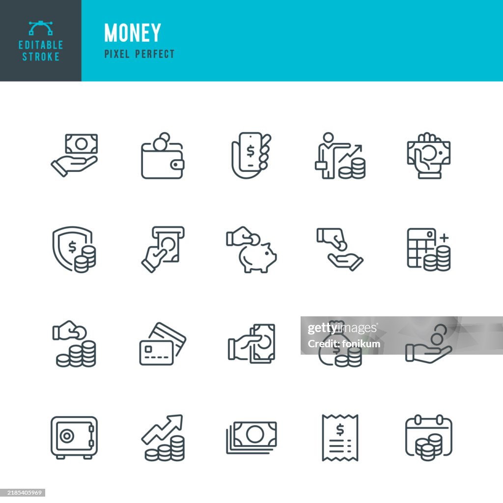 Geld - dünne Linie Vektor Symbol Set. Pixel perfekt. Bearbeitbarer Strich. Das Set enthält Symbole: Papiergeld, Münzen, Geldbörse, Finanzen, Mobile Banking, Sparschwein, Kreditkarte, Schließfach, Geldsack.