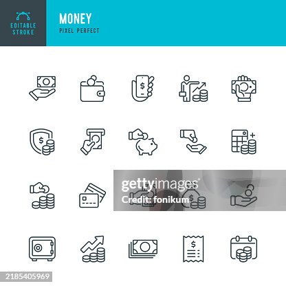 Dinero: conjunto de iconos vectoriales de línea fina. Píxel perfecto. Trazo editable. El conjunto contiene iconos: papel moneda, monedas, billetera, finanzas, banca móvil, alcancía, tarjeta de crédito, caja de depósito, bolsa de dinero. Dinero: conjunto de iconos vectoriales de línea fina. Píxel perfecto. Trazo editable. El conjunto contiene iconos: papel moneda, monedas, billetera, finanzas, banca móvil, alcancía, tarjeta de crédito, caja de depósito, bolsa de dinero.