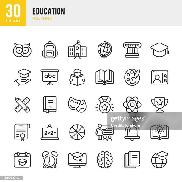 illustrations, cliparts, dessins animés et icônes de éducation - ensemble d’icônes vectorielles de ligne mince. 30 icônes. pixel parfait. l’ensemble comprend une école, une salle de classe, un cartable, une cloche, une palette d’artiste, un livre, un globe terrestre, des mathématiques, un tableau - ecole