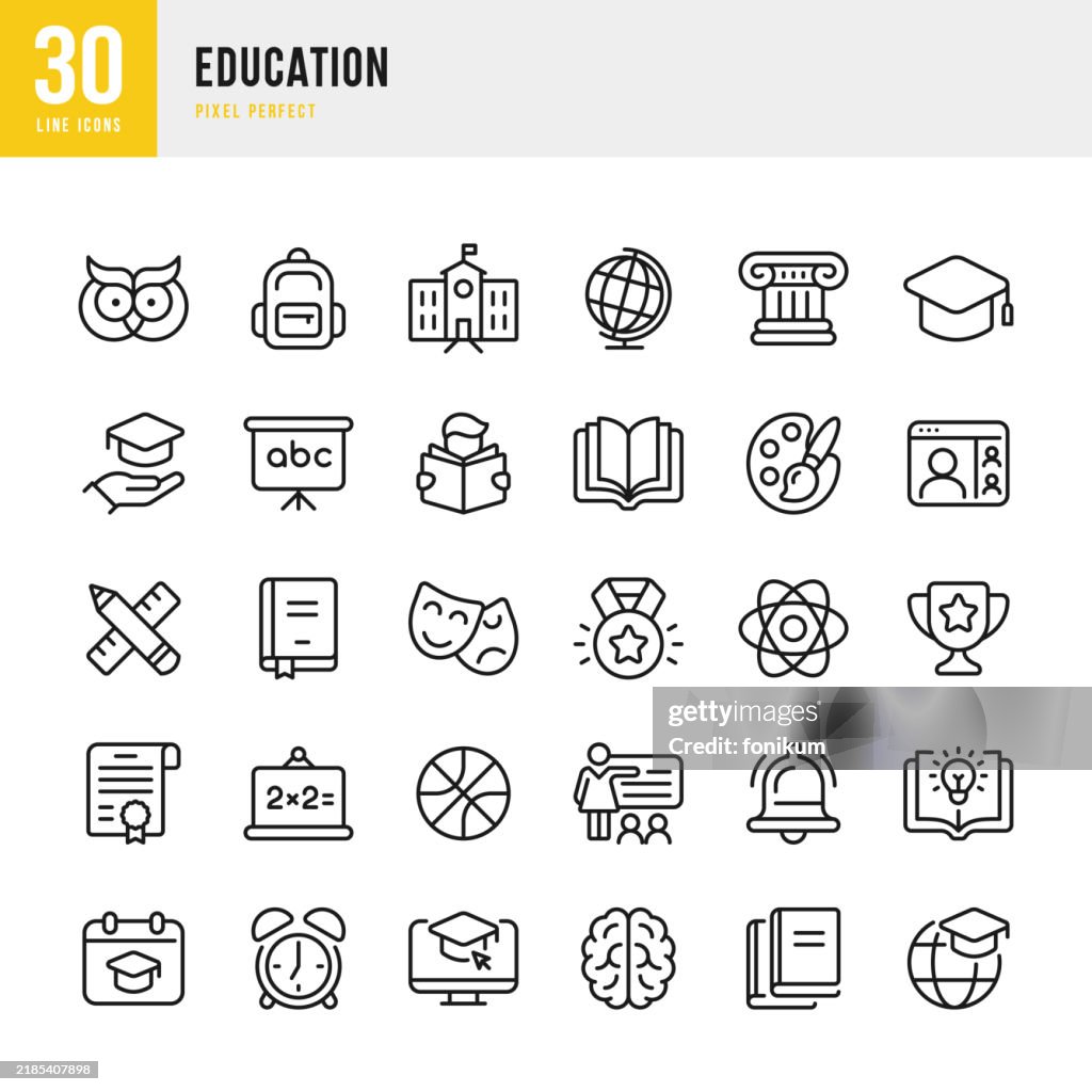 Education - thin line vector icon set. 30 icons. Pixel perfect. The set includes a School, Classroom, School Bag, Bell, Artist's Palette, Book, Desktop Globe, Mathematics, Chalkboard, Calendar, Brain, Ball, Medal, Diploma, Clock.