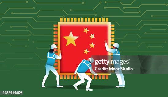 Three workers installing microchip with chinese flag illustration Three workers installing microchip with chinese flag illustration