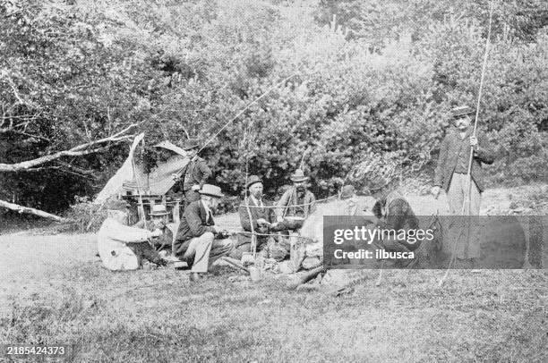 antique image of worcester and surroundings, massachusetts: fishing camping party - worcester town stock illustrations