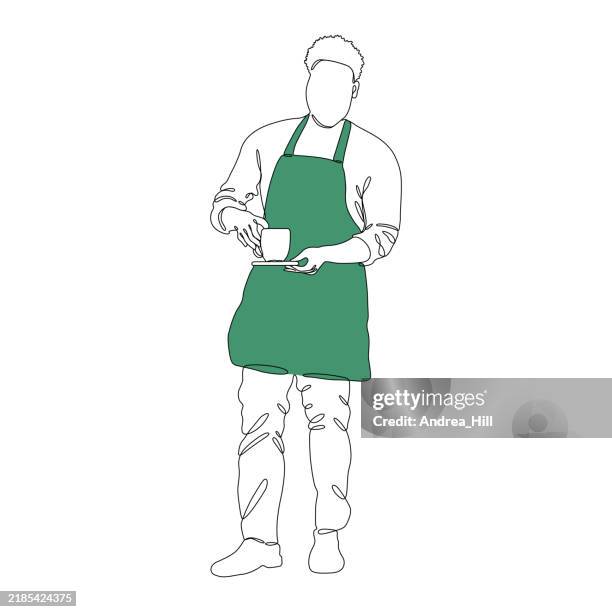 barista serving tea. man working at cafe single line drawing with editable stroke and color elements - apron stock illustrations