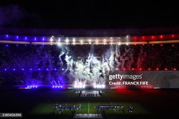 Players stand during the anthems ceremony prior to the Autumn Nations Series international rugby union test match between France and Argentina at the...