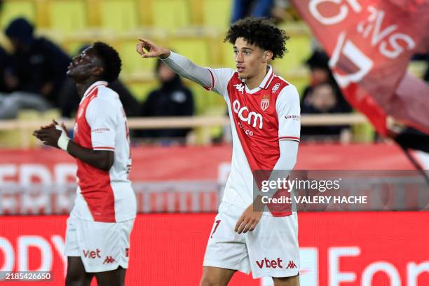 Monaco's French midfielder Maghnes Akliouche celebrates after scoring his team's third goal during the French L1 football match between Monaco and...
