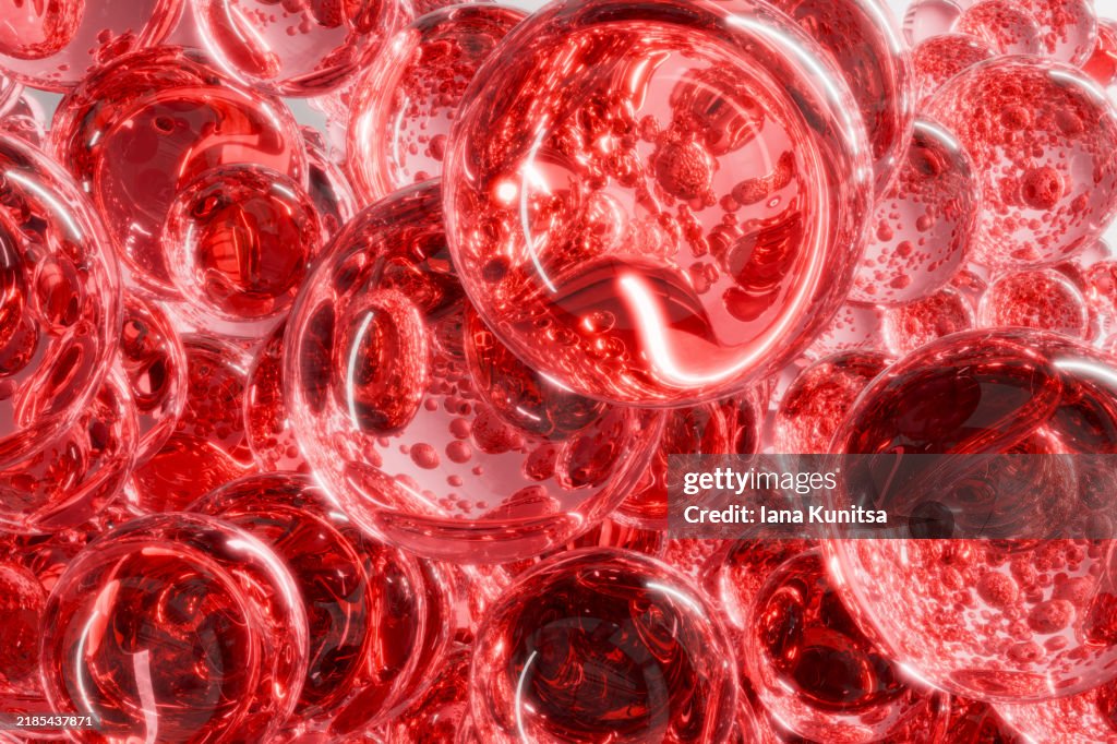 Red molecules, water drops. 3D liquid bubbles pattern. Close-up. Beauty background. Healthcare and medicine. Close-up. Design element.