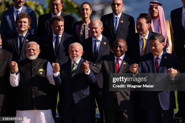 Narendra Modi prime minister of India, Luiz Inacio Lula Da Silva president of Brazil, Cyril Ramaphosa president of South Africa and Xi Jinping...