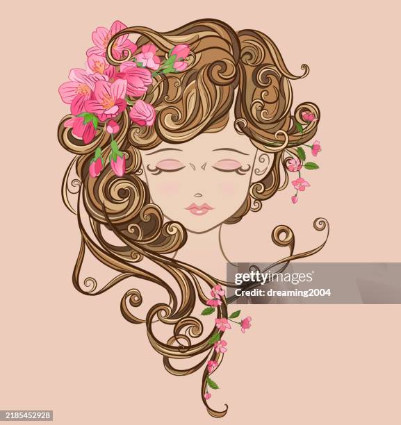 beautiful lady with pink flowers - long wavy hair cartoon stock illustrations