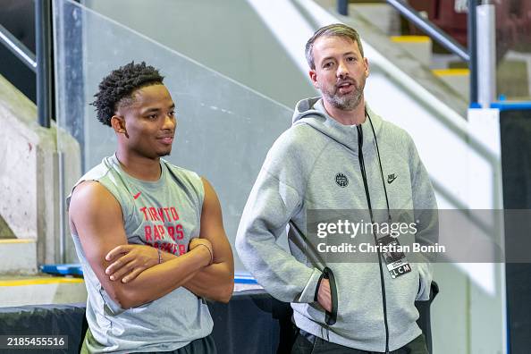 Luke Raptors Tylor Perry and Raptors 905 General Manager Luke Winn speak before an ...
