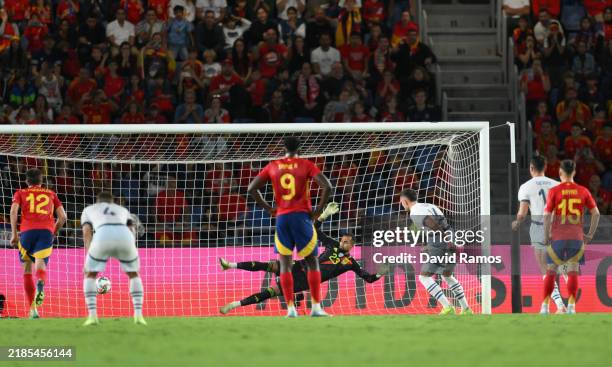 Andi Zeqiri of Switzerland scores his team's second goal from the penalty spot during the UEFA Nations League 2024/25 League A Group A4 match between...