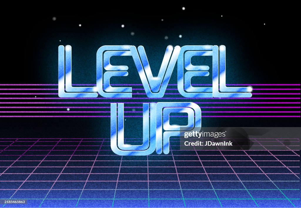 Level Up Web-Banner-Designvorlagen im Retro-Synthwave-Stil der 80er Jahre mit Farbverläufen
