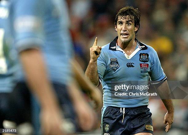 Andrew Johns of the Blues yells at his players during game three of the NRL State of Origin Series between the Queensland Maroons and the New South...