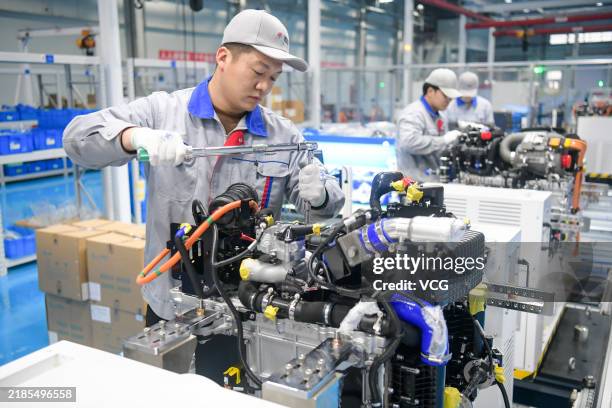 Workers assemble hydrogen fuel cell engines at Hynamo New Energy Technology Co., Ltd. On November 15, 2024 in Luoyang, Henan Province of China.