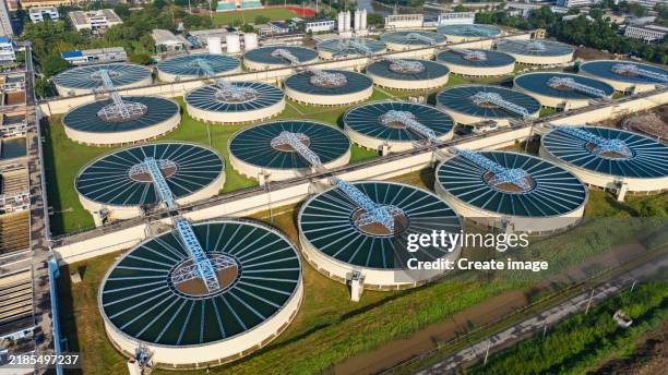 aerial view water treatment plant for purify water or environment conservation. - chemical plant stock pictures, royalty-free photos & images