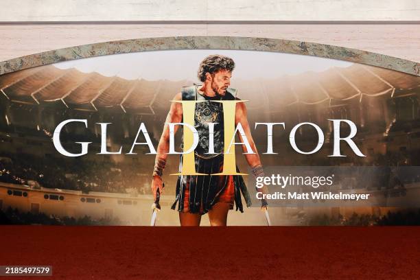 View of the step-and-repeat during the Los Angeles premiere of Paramount Pictures' "Gladiator II" at TCL Chinese Theatre on November 18, 2024 in...