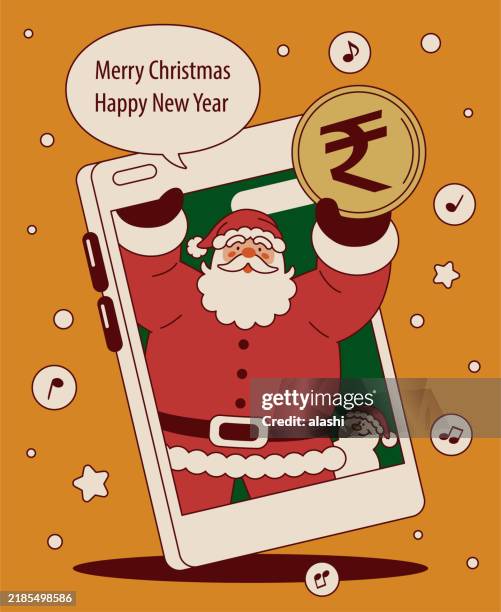 popping out of a smartphone, santa claus sends money and wishes you a merry christmas and a happy new year - christmas bonus stock illustrations
