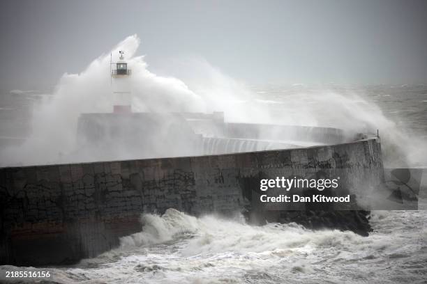 Strong winds, waves and rain brought by Storm Bert engulf the coastline on November 23, 2024 in Newhaven, England. The UK Met Office issued warnings...