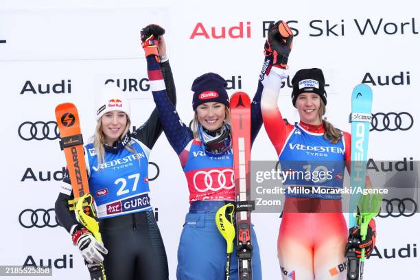 Lara Colturi of Team Albania takes 2nd place, Mikaela Shiffrin of Team United States takes 1st place, Camille Rast of Team Switzerland takes 3rd...