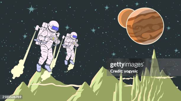 vector retro astronaut team exploring a planet on a jetpack stock illustration - jupiter stock illustrations