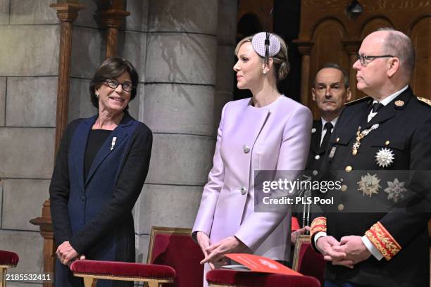 Princess Stephanie of Monaco, Princess Charlene of Monaco and Prince Albert II attend a thanksgiving mass at the Cathedral of Monaco during the...