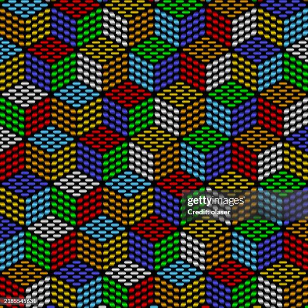 metallic dots forming rhombuses, forming cubes ... pattern. sides covered by 4x4 dots - solid gold background stock illustrations