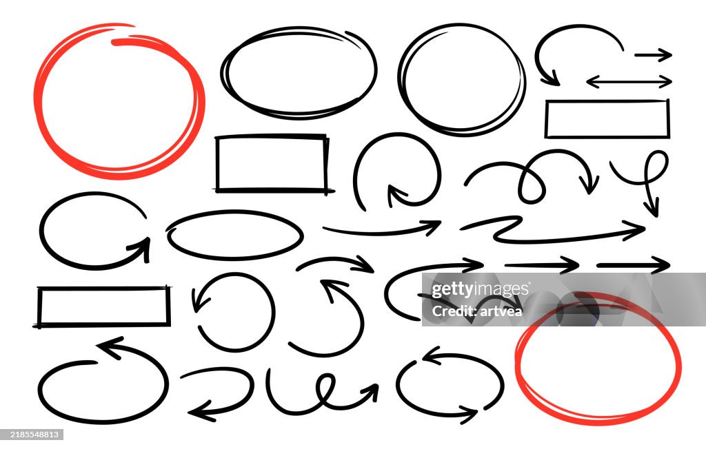 Set vector illustration of hand drawn curved arrows and frames