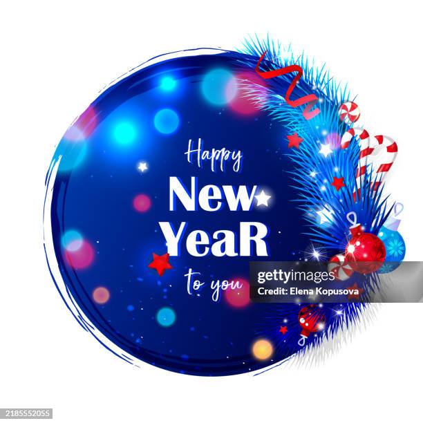 richly decorated fir tree branches with christmas tree balls, lollipops and confetti on a round new year festive background. vector festive new year round composition with congratulatory text on a white background. - candy store stock illustrations