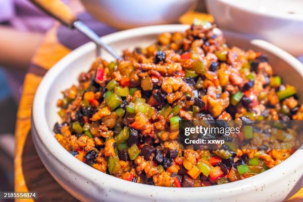 spicy stir-fried diced meat with vegetables - green bell pepper stock pictures, royalty-free photos & images