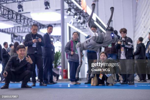 Visitors interact with a smart robotic dog at the Light of Internet Expo on November 19, 2024 in Wuzhen, Jiaxing City, Zhejiang Province of China....