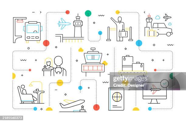 airport related vector illustration. airplane, travel, passenger, control, boarding, ticket, gate, lounge bar, airport terminal. - plane window stock illustrations