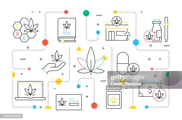 cannabis related vector illustration. marijuana, medical drug, herb, hemp, addiction. - cannabinoid stock illustrations