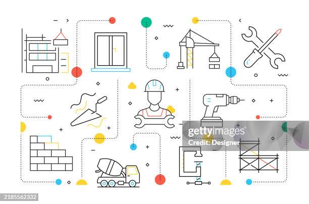construction related vector illustration. architecture, buildings, contractor, development - factory under construction stock illustrations